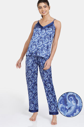 Buy Zivame Artsy Leaves Woven Pyjama set - Medieval Blue